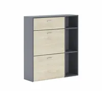 Skraut Home - WIND-Schuhregal, Strukturfarbe Anthrazitgrau, Eiche-Farbe an den 2 Schwingtüren und Schublade, Maße 90x26x101,5cm