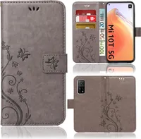 Handy Tasche für Xiaomi Mi 10T / Mi 10T Pro Schutz Hülle Handyhülle mit Blumenmuster Klapp Hülle mit Standfunktion und Kartenfächer Grau
