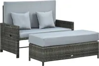 Outsunny Zweisitzer-Gartensofa mit Liegefunktion, Gartenliege in Rattanoptik, ausfahrbare Fußbank mit Stauraum, mit Sitzkissen, Grau, 130 x 72 x 96 cm