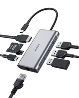 AUKEY CB-C91 8 in 1 USB C Hub mit 4K HDMI, Gigabit Ethernet Port Silber, 1 USB Power Delivery-Ladeanschluss und SD & Micro SD Kartensteckplätze.