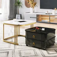 Fortuna Lai 2er Set Couchtisch Marmoroptik mit Metallrahmen, Wohnzimmertisch hochglanz, Beistelltisch Kaffeetisch Schwarz/Weiß hochglanz