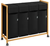 AdelDream Wäschekorb Kleidersortierer, auf Rollen 4 Fächer Wäschewagen mit abnehmbaren Taschen Kleidersammler Bambus 200L Schwarz