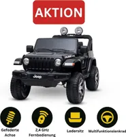 Elektroauto für Kinder JEEP Wrangler, Schwarz, Doppelsitz aus Kunstleder Kunstleder Türen öffnen, Radio mit Bluetooth- und USB-Eingang, Allradantrieb, Lithium-Batterie, EVA-Räder, Aufhängungsachsen, 2,4-GHz-Fernbedienung, Lizenziert