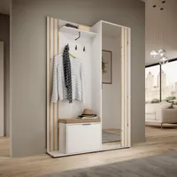 Garderoben-Set mit Lamellen Polly Kompaktgarderobe mit Schuhschrank inkl. gepolstertem Sitz Garderobenschrank mit Spiegel Wandgarderobe mit Haken, Farbe: Weiß, mit Polstersitz