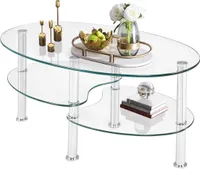 GOPLUS Couchtisch Glas, Glastisch Oval, Beistelltisch Sicherheitsglas, Kaffeetisch 3-Etagen-Design, Wohnzimmertisch Metallrahmen, 98 x 58 x 42 cm