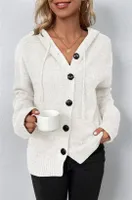 ASKSA Damen Langarm Grobstrickjacke Kordelzug Kurz Strickjacke Herbst Winter Strickmantel mit Kapuze, Weiss, M