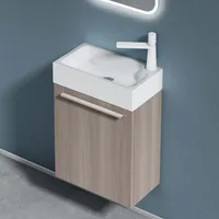 doporro Badmöbel-Set Waschtisch mit Unterschrank in Hell Eiche Waschbeckenunterschrank Gäste WC 46x26x63cm mit matt Weiß Waschbecken Pisa