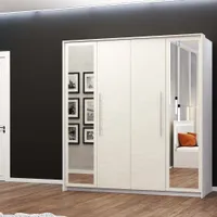 Kleiderschrank Schrank Falttürenschrank Garderobe 206 cm mit zwei Spiegeln Weiß/Weiß-Silk - Aurelia