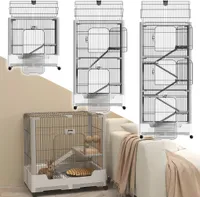XMTECH Kleintierkäfig mit 4 Ebenen auf Rollen – Metall Kaninchenstall mit Plattformen, Leitern, Kotwannen & Schloss – für Kaninchen, Meerschweinchen, Frettchen – Weiß & Grau