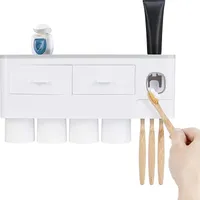 ONVAYA® Držiak na zubnú kefku s automatickým dávkovačom zubnej pasty | Samolepiaci držiak na zubnú kefku bez vŕtania | Sada s pohárikmi (4 poháriky)