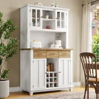 MODFU Vitrinen Hochschrank mit Verstellbaren Ablagen, Aufbewahrungsmöbel Vitrinenschrank mit LED-Beleuchtung für Wohnzimmer, Küche, Küchenbuffet, Naturbelassen&Weiß