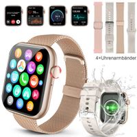 Smartwatch,Smartwatch Damen Herren,1.96 "HD Fitness Tracker Uhr für Android iOS,100+Sportmodi Pulsuhr Schrittzähler Aktivitätstracker,4 Armbänder-Gold