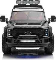 Kinder-Elektroauto Ford Super Duty 24V schwarz, Zweisitzer, 4X4-Antrieb mit leistungsstarken 24V-Motoren, Kunstledersitze, EVA-Doppelhinterräder, 2,4 GHz-Fernbedienung, LED-Lichtrampe, MP3-Player mit USB-Eingang, ORIGINAL-Lizenz