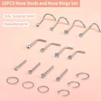 Nasenring Nasenpiercing 20G Set Chirurgenstahl L Förmig Nasenstecker Spirale mit Strass Piercing Nase Schmuck 18Stk Silber Farbe