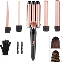 Lockenstab,Curling Eisen,Ersatzlockenstab,Warmluftbürste 3 Fässer 5 in 1 Lockenstäbe Lockenwickler mit Handschuh,2 Clips,85W