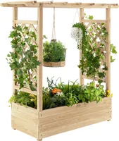 COSTWAY Hochbeet mit Rankhilfe, Rankgitter & hängendem Dach, Pflanzkasten, Blumenkasten Pflanzgefäß für Kletterpflanzen, hängende Körbe Natur