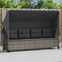 vidaXL Sonnenliege mit Dach und Kissen Grau Poly Rattan
