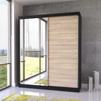 Schwebetürenschrank Kleiderschrank Schrank Schlafzimmer 183 cm Schwarz/Sonoma mit Spiegel Bella 03