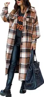 ASKSA Damen Kariertes Lange Hemdjacke Taschen Knöpfen Langarm Holzfällerjacke Mantel, A Braun, XS
