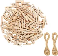 Holzwäscheklammern Set, 200 Stück, 3 cm, mit 10 Meter Juteschnur, Naturholz