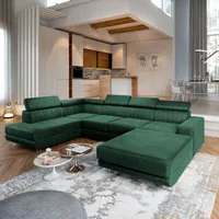 Masseno Narożnik SIENA L-S z funkcją spania i pojemnikiem na pościel Kształt U, Rozkładana sofa, Rogówka - Butelkowa zieleń, MONOLITH 37