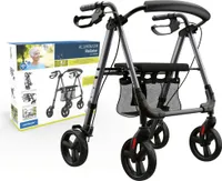 Lekki i regulowany rollator Weinberger, 6,2 kg, siedzisko z oparciem, siatka i uchwyt na laskę, składany, regulacja wysokości w 4 pozycjach, 136 kg, pomoc w chodzeniu