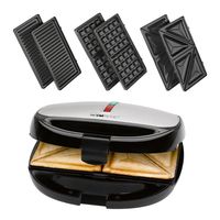 Clatronic ST/WA 3670 Sandwichmaker, elektrischer Sandwichtoaster, Waffeleisen mit herausnehmbare Wechselplatten, 3 in 1 Multigrill, antihaftbeschichtet,  800 Watt Schwarz/Edelstahl