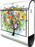 banjado Design Briefkasten Stahl schwarz mit Zeitungsfach pulverbeschichtet "Märchenzauberbaum" 38x46x12,5cm & 2 Schlüssel - Postkasten A4 Einwurf inkl. Montagematerial [BKSCH 10149]