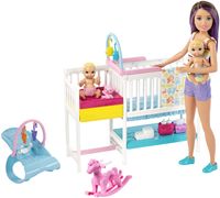 Barbie Skipper Babysitter Puppe (brünett), Kinderzimmer-Spielset mit Baby-Puppen