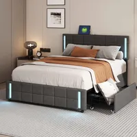 Fortuna Lai Polsterbett 140x200cm mit höhenverstellbarem Kopfteil und 4 Schubladen, LED und Sicherheitssteckdose, Funktionsbett Doppelbett aus Leinen, Grau