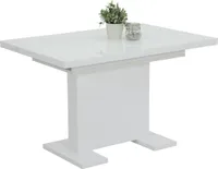 Esstisch Wilma - Nachbildung Hochglanz Weiß -Tischplatte mit Glasauflage 4mm - Synchronauszug - 120-160x80cm