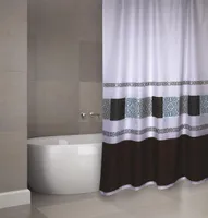 Kopia zasłony prysznicowej Cotexsa by MSV Premium z tkaniny antypleśniowej - antybakteryjna, zmywalna, w 100% wodoodporna, z 12 pierścieniami na zasłonę prysznicową - poliester, "Delhi" biały czarny 180x200cm - wyprodukowano w Hiszpanii
