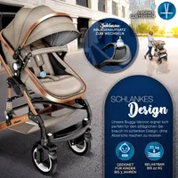 KIDUKU® 3 in 1 Kombi Kinderwagen Beige/Gold Buggy Reisebuggy inkl. Auto- Babyschale Faltbar ECE R129