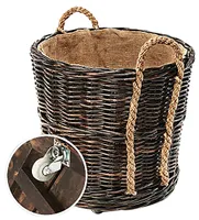 Kobolo Kaminholzwagen mit Rollen Rattankorb Holzkorb rund Leinenstoff - Krabu - 56 x 50 cm Holzablage Wagen Helfer Aufbewahrungskorb Feuerholzkorb