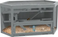 PawHut 3 Etagen Nagerkäfig, 6-eckig Kleintierkäfig, Kleintierhaus aus Holz, Mäusekäfig, Hamsterkäfig mit klappbarem Deckel, Sichtfenster, Rampe, 115 x 60 x 55 cm Grau