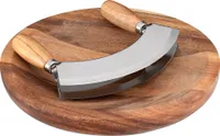 Navaris Kräuterbrett mit Mezzaluna Wiegemesser - 17x13,5cm Kräutermesser Biegemesser aus Edelstahl - für Kräuter Gewürze - mit Brett aus Akazienholz