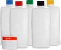 5 Plastikflaschen 500 ml eckig aus HDPE mit farbigen Schraubverschlüssen