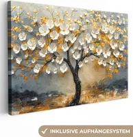 MuchoWow® - Leinwandbilder - Baum - Blumen - Gold - Beige, Wandbild, Wanddeko Bilder Wohnzimmer, 90x60 cm