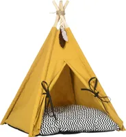 Stan pre domáce zvieratá PawHut tipi, stan pre mačky s odnímateľným a umývateľným vankúšom, domček pre mačky s protišmykovou podlahou, loptička na hranie, pre mačky do 5 kg, mini psy, 60 x 60 x 76 cm, žltá