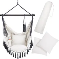 DETEX® Hängesessel bis 150kg Belastbar mit Flaschenhalter Boho Stil Wetterfest Garten 360° Drehbar Creme Hängestuhl Indoor & Outdoor Kissen