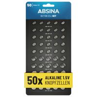 ABSINA 50er Pack Alkaline Knopfzellen Sortiment - 10x AG1 / 15x AG1 / 10x AG4 / 10x AG10 / 5x AG13 - 1,5V Batterie