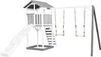 AXI Beach Tower Spielturm aus Holz in Weiß & Grau | Spielhaus für Kinder mit weißer Rutsche, Doppelschaukel und Sandkasten | Stelzenhaus für den