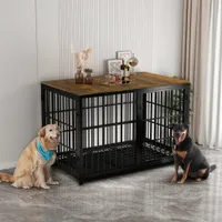 Klietka pre psa WISFOR s 3 dvierkami, box pre psa so stolovou plochou, prepravná drôtená klietka, bočný stolík pre psa, XXL: 120x77x81,5cm, čierna