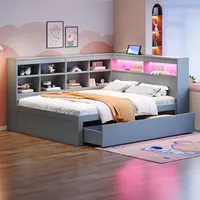 Abrihome Schlafsofa Doppelbett 140 x 200cm mit LED, USB und Extra Großen Schubladen, Einlegeböden und Ablagefächern, Grau