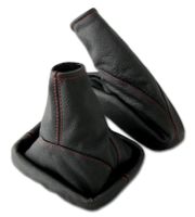 Schaltsack und Handbremsmanschette für Opel Astra G 100% Echtleder in schwarz mit roter Naht