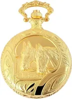 Motiv Taschenuhr Pferde + Kette Clip Weiß Gold Sprungdeckel Analog Quarz 9480702000078