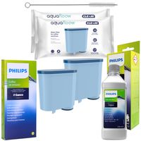 Sada kávovarov Philips/Saeco - 2x vodný filter AquaFloow, odvápňovač Philips CA6700, čistiace tablety Philips CA6704, čistiaca handrička