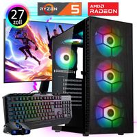 Gaming PC Komplett-Set AMD Ryzen5 5600G 6x 4.4 Ghz - Radeon VEGA Grafik - 500GB M.2 NVMe SSD - 32GB DDR4 - Windows 11 - W-LAN - Samsung 27" TFT - Gamer Tastatur/Maus - RGB Tower