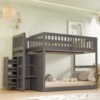 Merax Etagenbett 140x200cm mit Lattenrost, Hochbett mit Staufach und Schublade, Kinderbett mit Rausfallschutz und Treppe, Holzbett Jugendbett, Grau