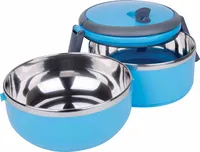 Zweistöckige Lunchbox rund aus Edelstahl blau/weiß sortiert